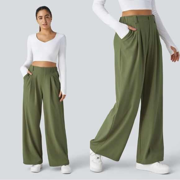 Halara Flex™ High Waisted Side Pocket Wide Leg Waffle Work Pants in Loren Green - Picture 1 of 7